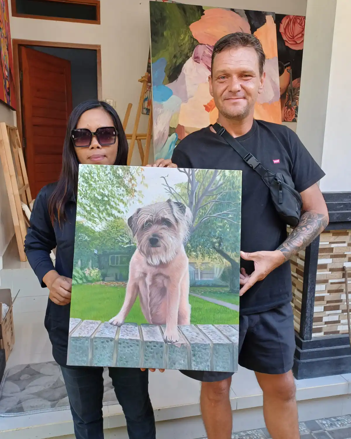 Pet owner receiving pet portrait in Bali